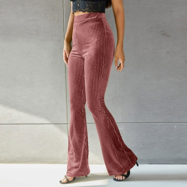 Women Clothing Sexy Solid Color High Waist Pleuche Sunken Stripe Bell Bottom Pants