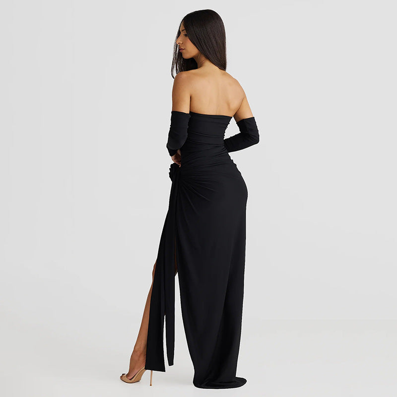 Women Clothing Autumn Winter Personalized Solid Color Oversleeve Tube Top Jumpsuit Sexy Slit Skirt Set