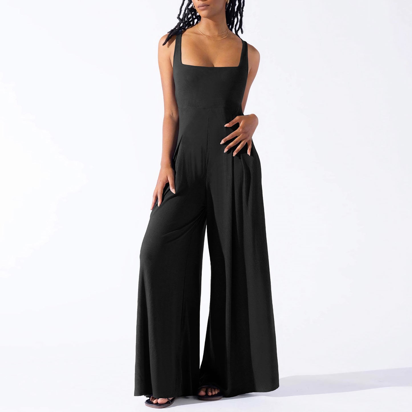 Casual Knitted Sexy Sling Wide Leg Jumpsuit Summer Women Clothing Black