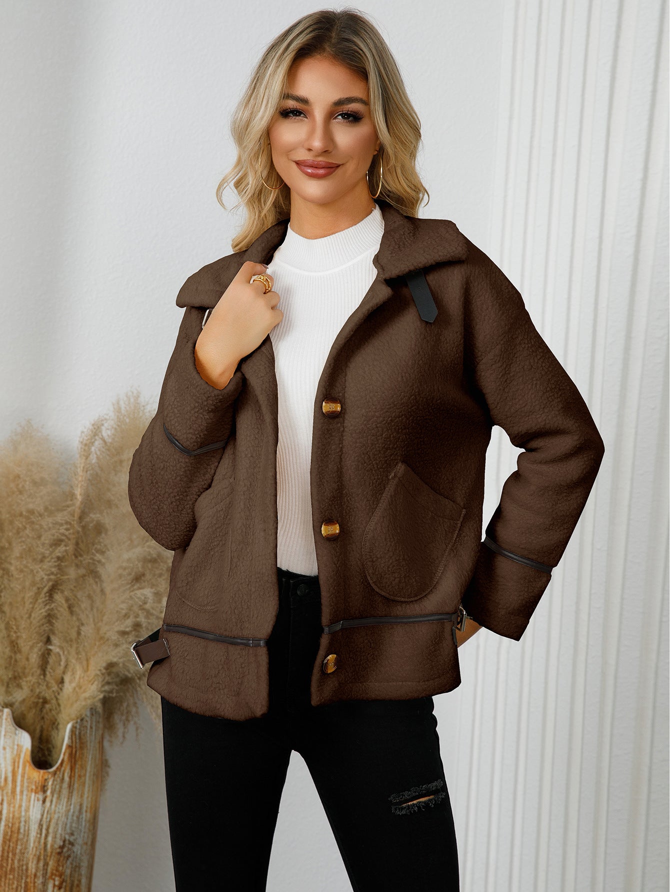 Women Clothing Polo Collar Cardigan With Buttons Lambswool Wool Coat Short Warm Jacket Brown