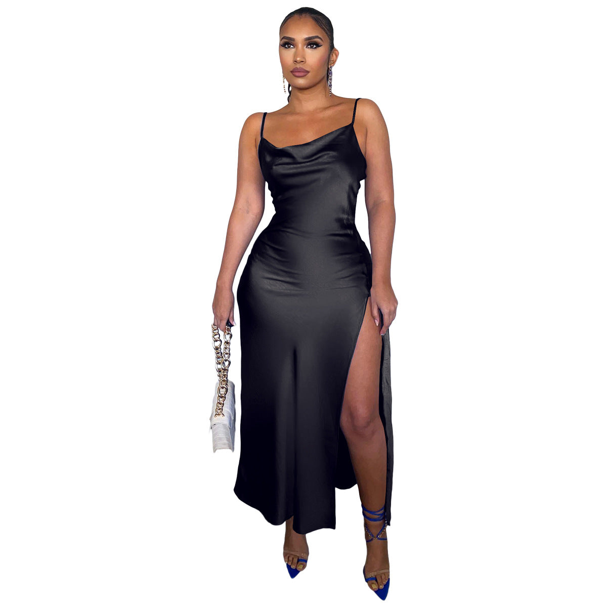 Women Clothing Solid Color Sling Glossy Glossy Side Split Dress Black