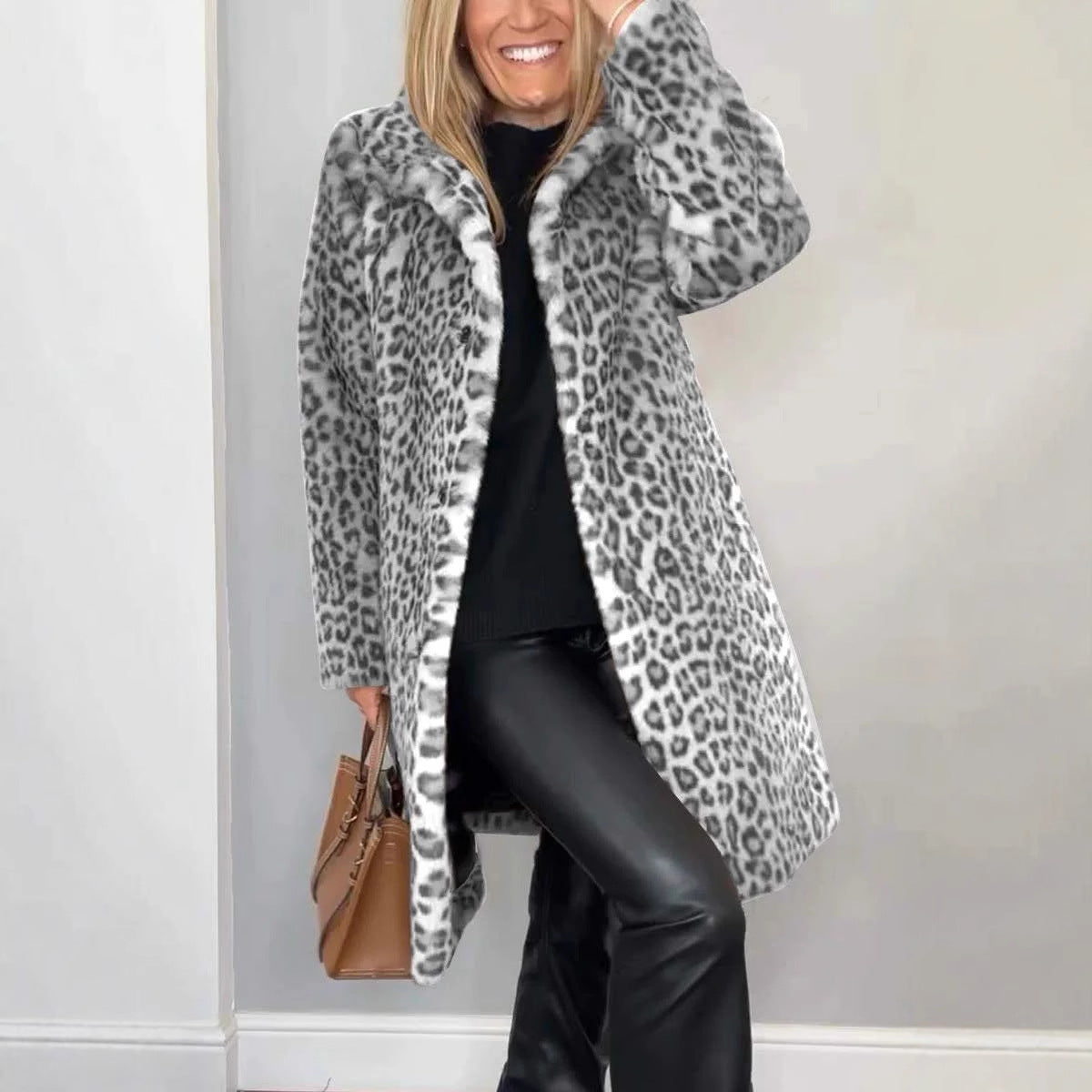 Fall Winter Leopard Print Plush Mid Length Coat