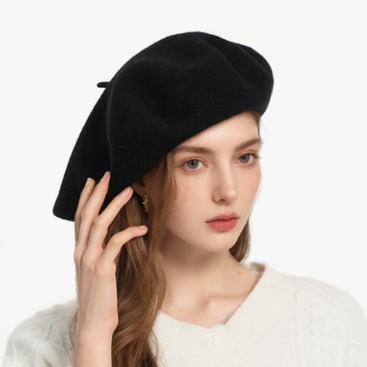 British Solid Color Pure Wool Big Hat Shape Small Face Beret Women Autumn Winter Retro Simple Painter Hat