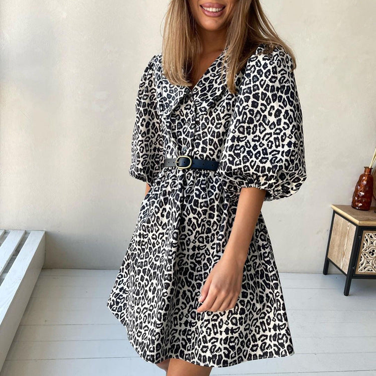 Women Clothing Peter Pan Collar Leopard Print Fashionable Elegant Spring Dress Half Sleeve A line Dress