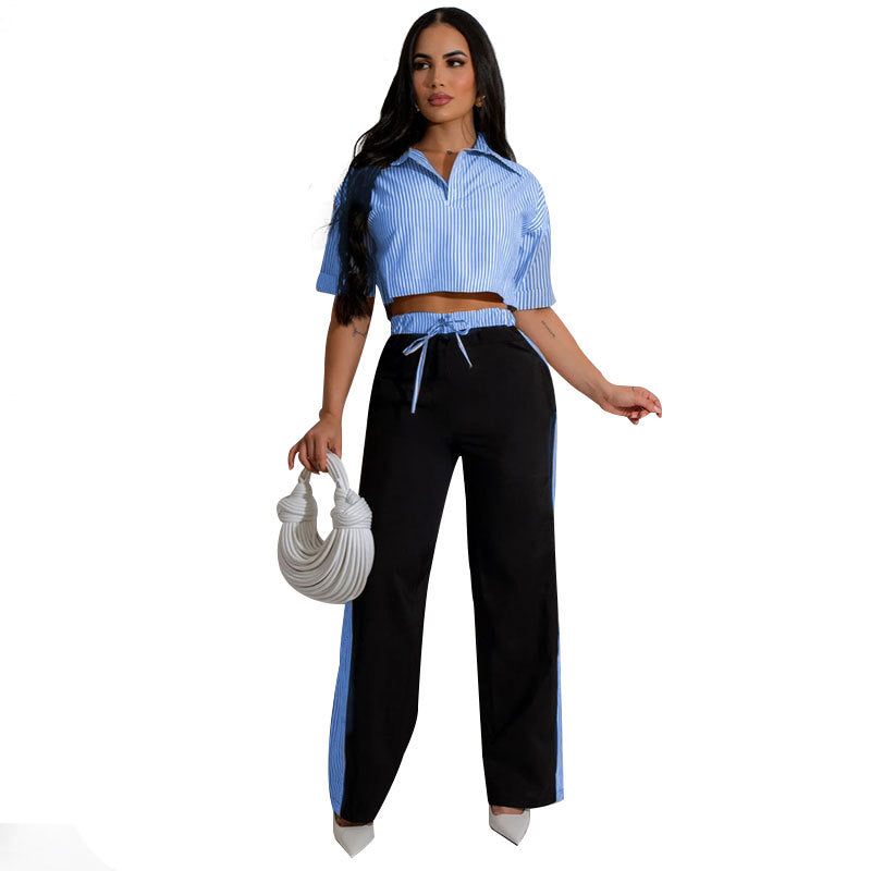 Summer Striped Shirt Top Women Casual Baggy Straight Trousers Set Blue