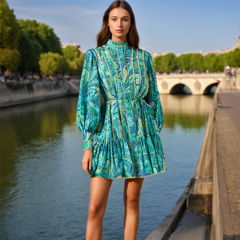 French Elegant Court Short Autumn Stand Collar Printing Contrast Color Ruffled Dress Women Green