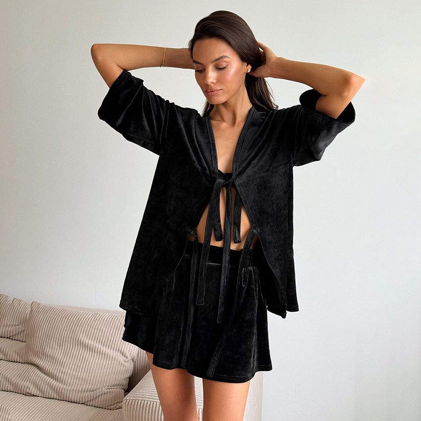 Autumn Black Knitted Velvet Women Home Wear Soft Comfortable Three Quarter Sleeve Shorts Pajamas Suit