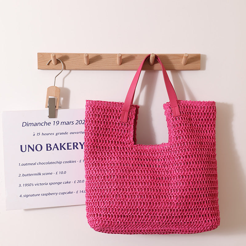 Shoulder Straw Bag Simple Large Capacity Portable Straw Bag Woven Bag Seaside Vacation Beach Bag Women Bag One Size Belt Concave Pink