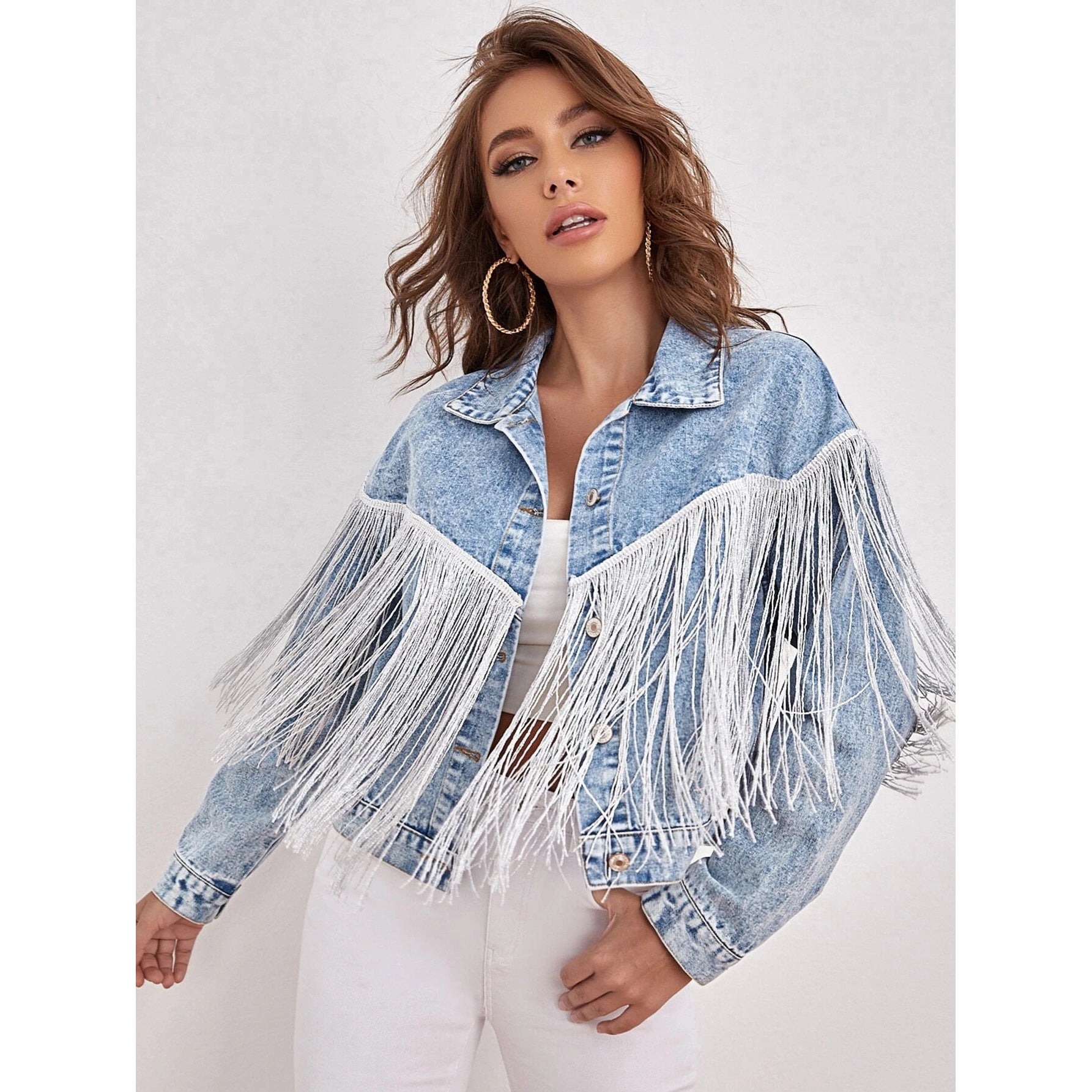 Popular Denim Jacket Tassel Collared Fried Floral Denim Jacket Women