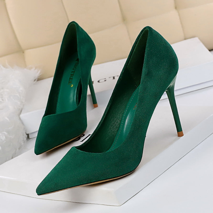 Fashionable Simple Stiletto Heel Suede Shallow Mouth Pointed High Heels Women Shoes Sexy Slimming Pumps Green