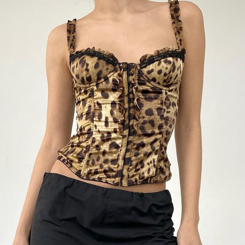 Retro Sexy Leopard Print Lace Pleated Sling Drawstring Slim Fit Top Wooden Ear Contrast Color Slim Fit All Match Vest