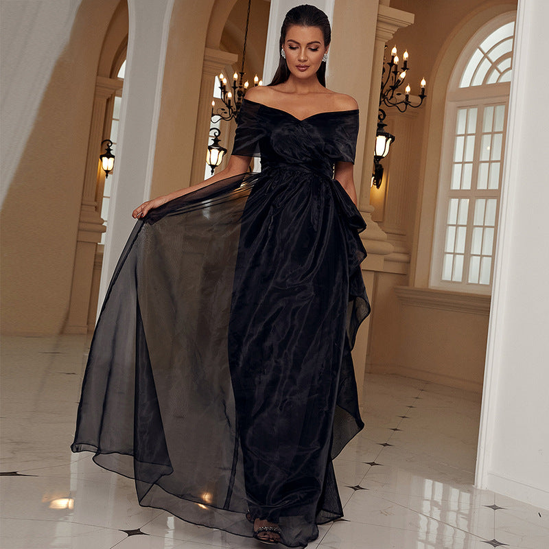 Adult Black off-the-Shoulder Low-Cut Mesh Stitching Princess Elegant High-End Evening Dress for Women Organza Black