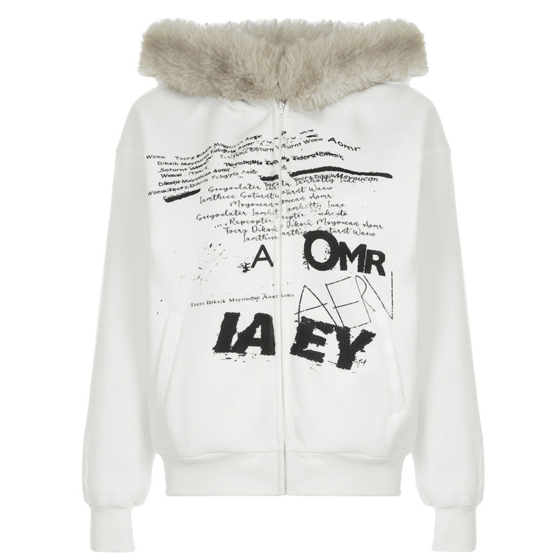 Retro Simple Letter Graphic Print Furry Stitching Hooded Cardigan Top Autumn Winter Thermal Velvet Sweater Coat