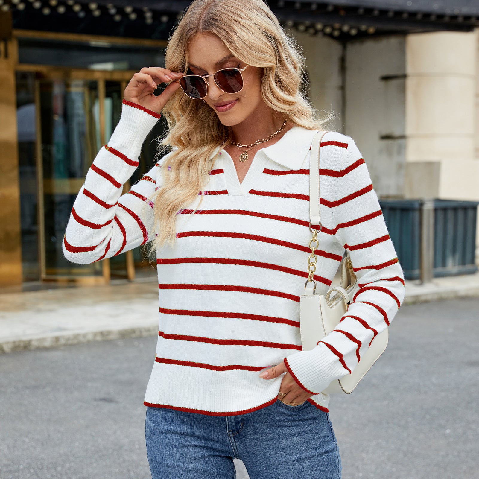 Women Clothing Spring Casual Striped Long Sleeved Sweater Sweater Top