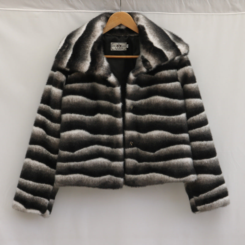 Women Fur Coat Casual Autumn Winter Zebra Pattern Artificial Mink Hair Collared Short Coat Thickened