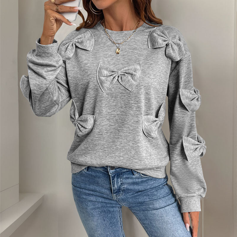 Casual Autumn Bow Stitching Gray round Collar Sweater