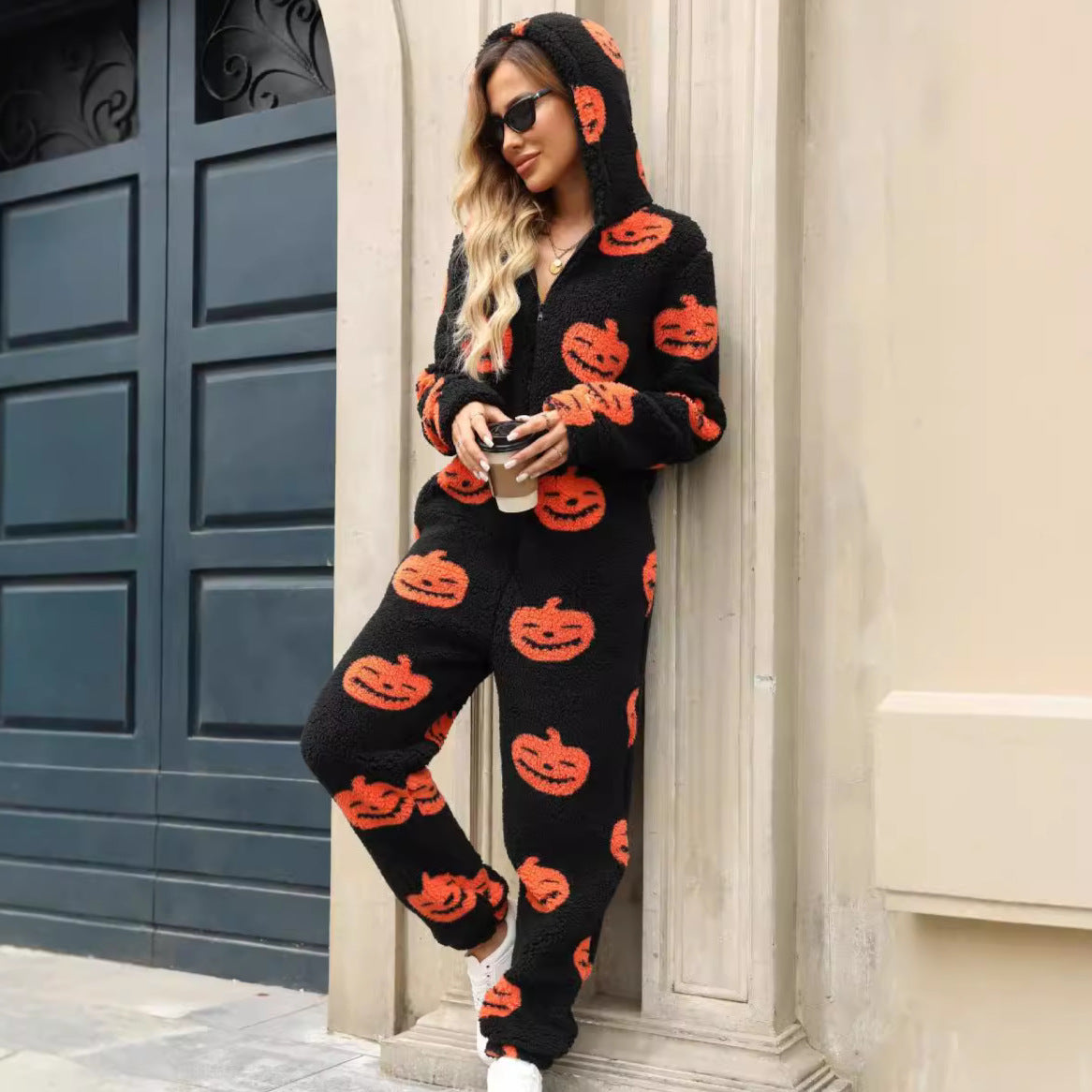 Women Clothing Autumn Winter Halloween Pumpkin Print Loose Zip Plush Jumpsuit