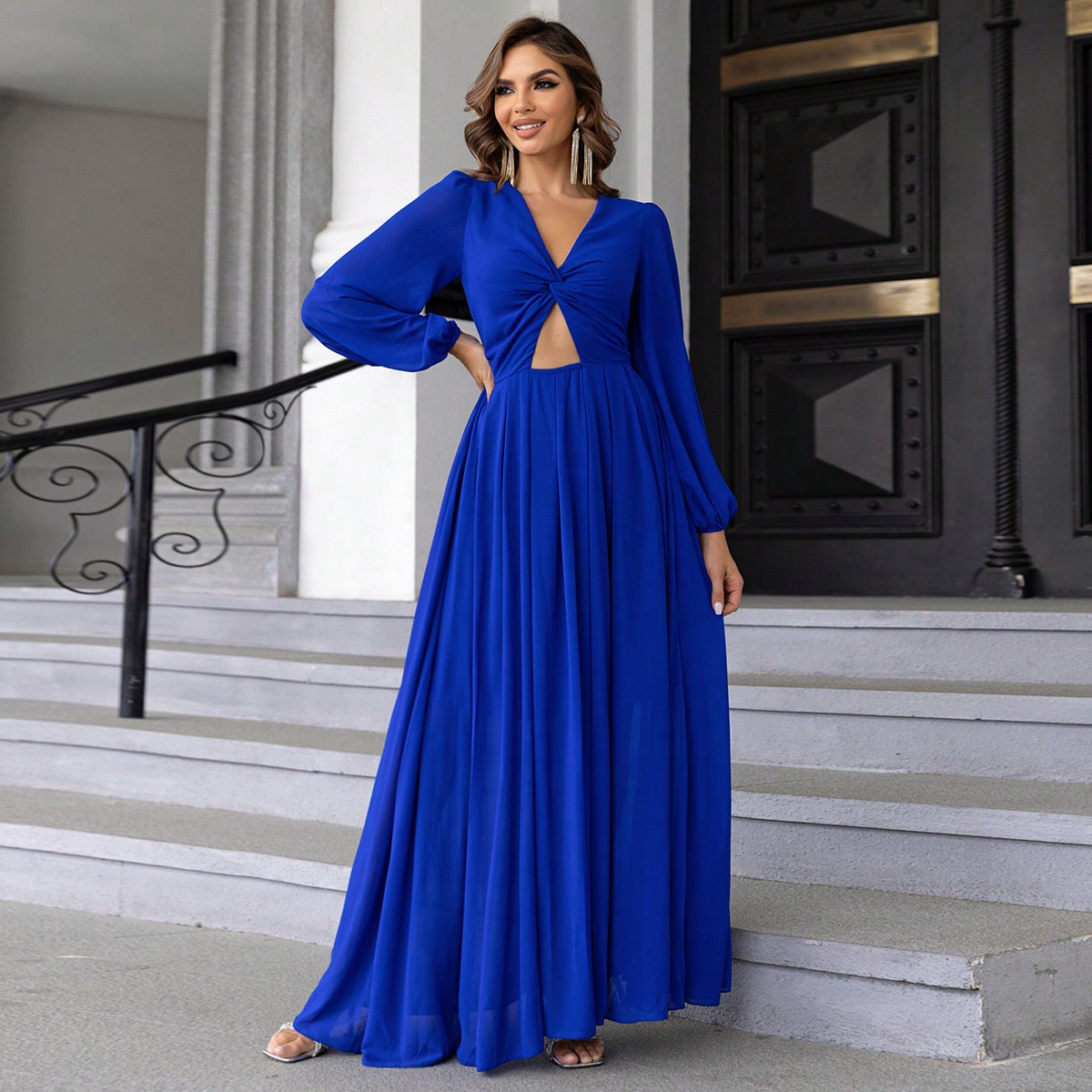 Women Clothing Front Twist Hollow Out Cutout Out Lantern Sleeve Dress Royalblue