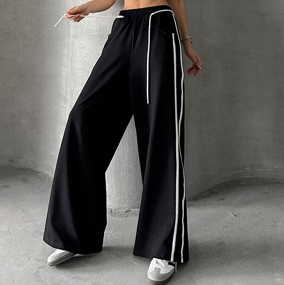 Drawstring Contrast Color Women Casual Pants All Match High Grade Striped Contrast Color Sweatpants for Women Black