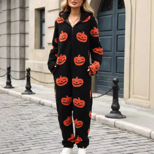 Women Clothing Autumn Winter Halloween Pumpkin Print Loose Zip Plush Jumpsuit