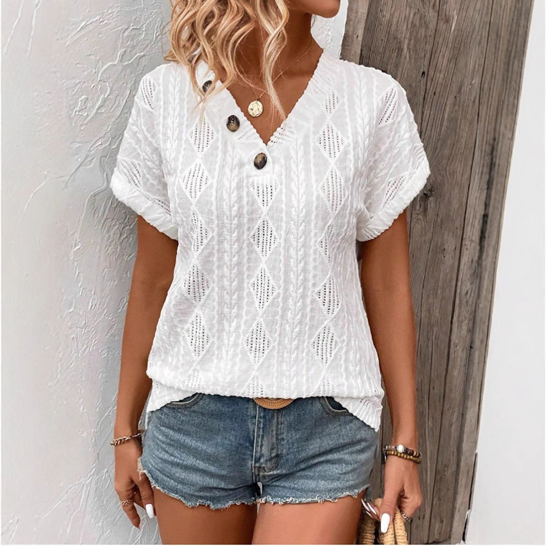 Women Clothing Spring Summer V neck Button Hollow Out Cutout out Loose Short Sleeve Top T shirt