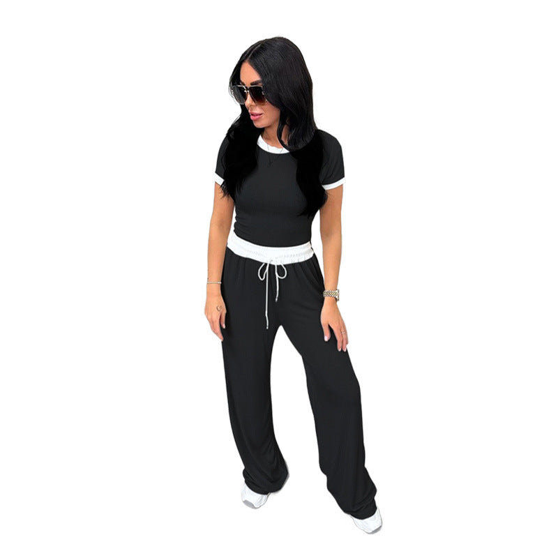 Spring Summer Round Neck Contrast Color Short-Sleeved Women Clothing Casual Wide Leg Pants Sports Suit Black