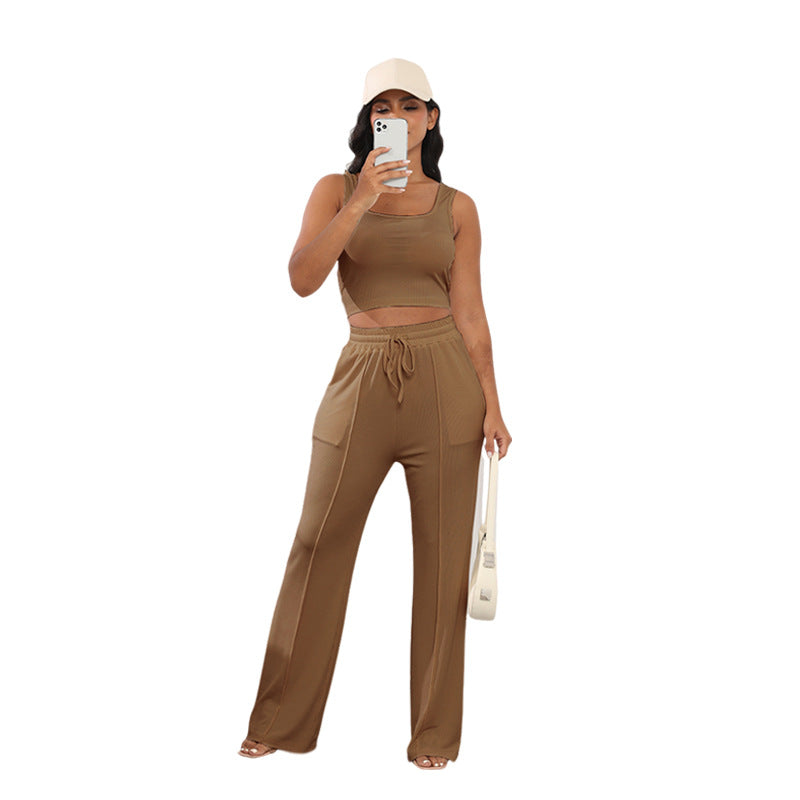 Summer Thread Knitted Sleeveless Cropped Top Women Two Piece High Waist Wide Leg Pants Suit Dark Brown