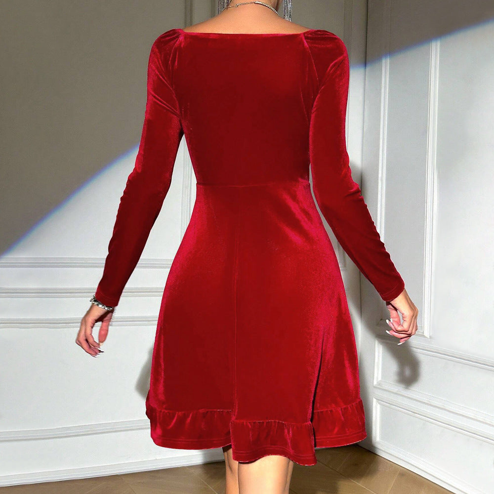 Women Clothing Elegant Red Dress Autumn Winter All Matching Elegant V neck