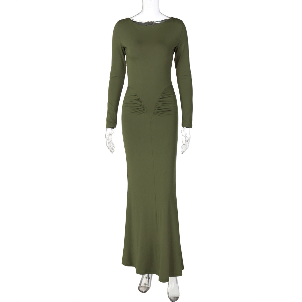 Women Clothing Summer Slim Pleated Round Neck Long Sleeved Dress Women Green