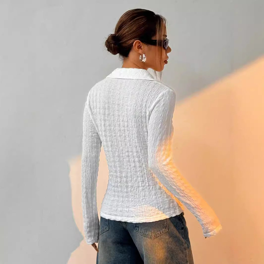 Elegant Ladies Solid Color Texture Long Sleeve Blouse Top Women