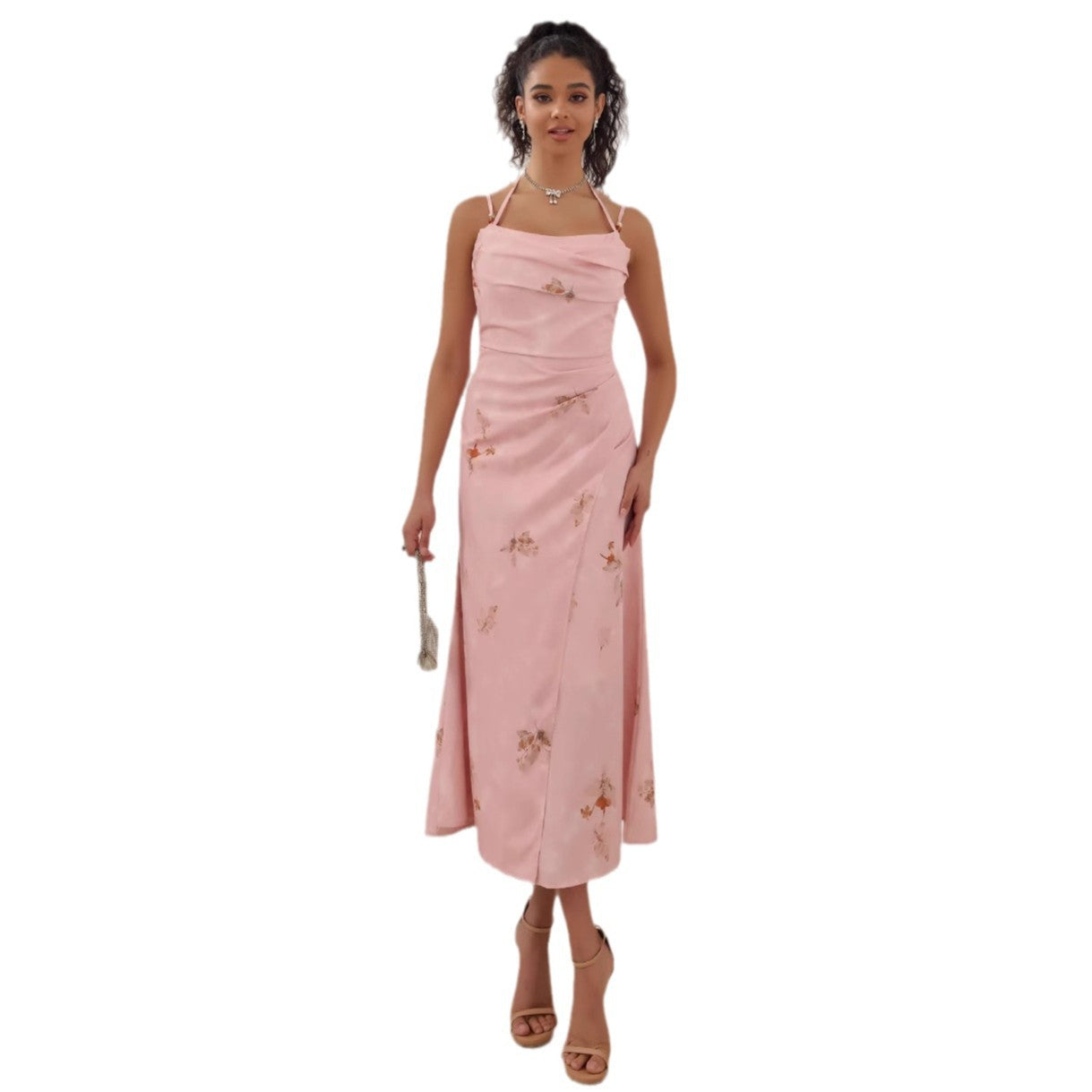 Spring Summer Elegant Socialite Western Pink Sling Dress Women Pink