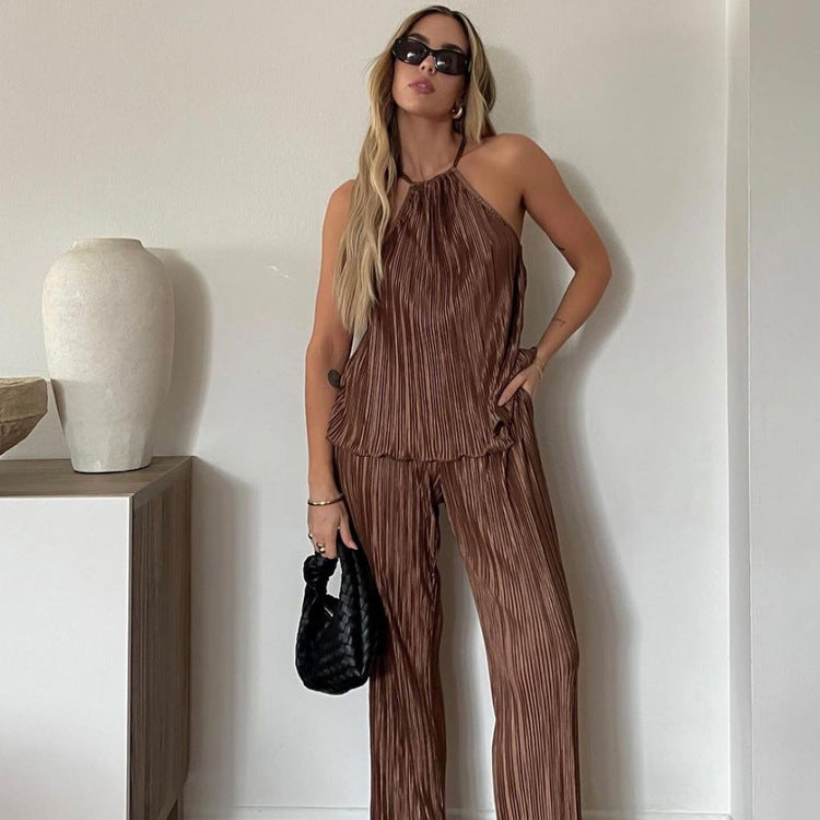 Summer Women Clothing Casual Laid-Back Slimming Pleated Suspender Vest Loose Wide Leg Pants Suit