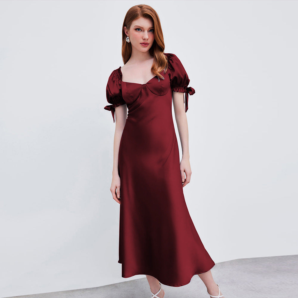 Waist Fishtail Party Satin Satin Red Dress Burgundy