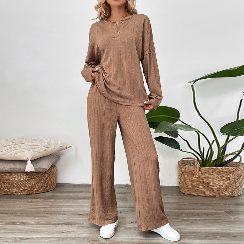 Casual Texture Wide Leg Pants two piece set round Neck Home Trousers Sets