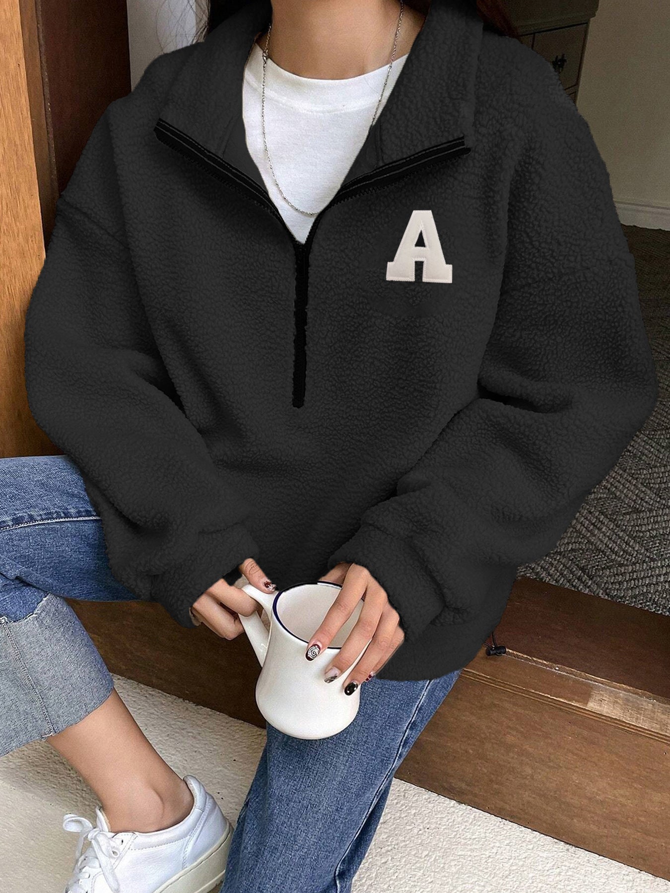 Sweater Polar Fleece Autumn Winter Loose Long Sleeve Sweatershirt Half Zipper Black