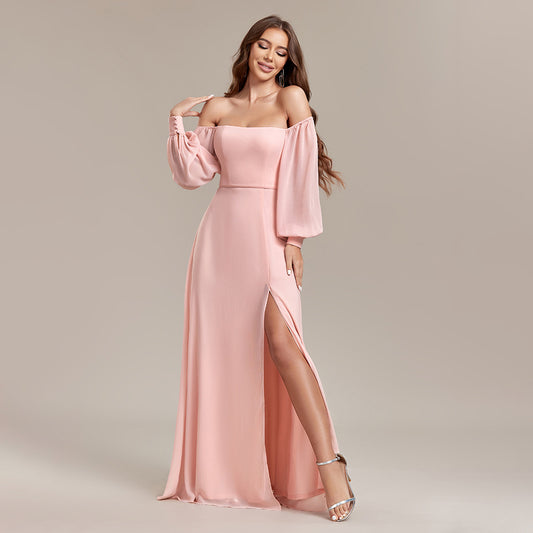 Women Multiple Wear Elegant Tube Top Elastic Long Sleeve Back Zipper High Slit Formal Dress A line Chiffon Dress