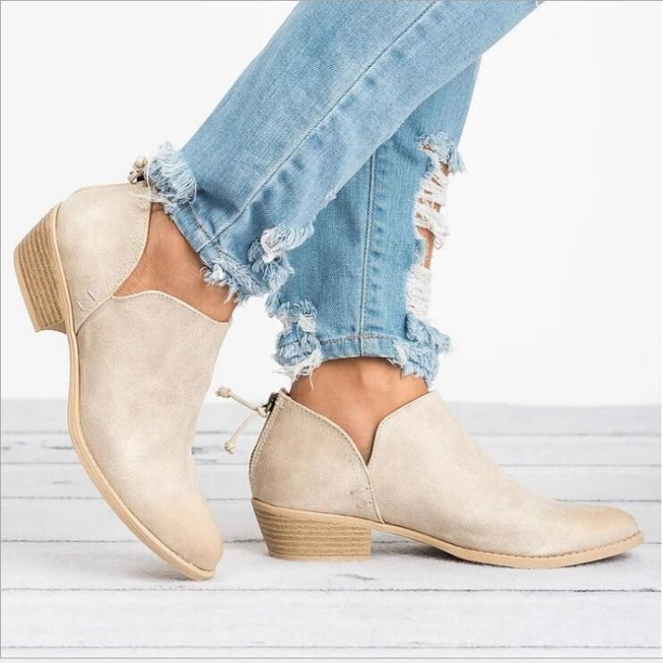 Plus Size Thick Heel Thin Ankle Boots Women Solid Color Pointed Toe Back Zipper Low Heel Shoes Ivory