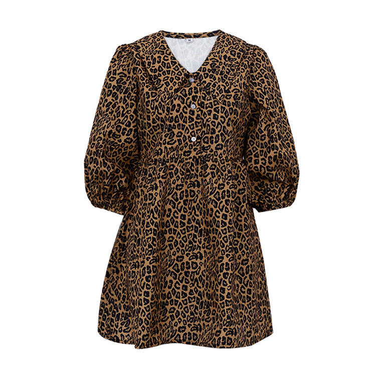 Women Clothing Peter Pan Collar Leopard Print Fashionable Elegant Spring Dress Half Sleeve A line Dress Brown