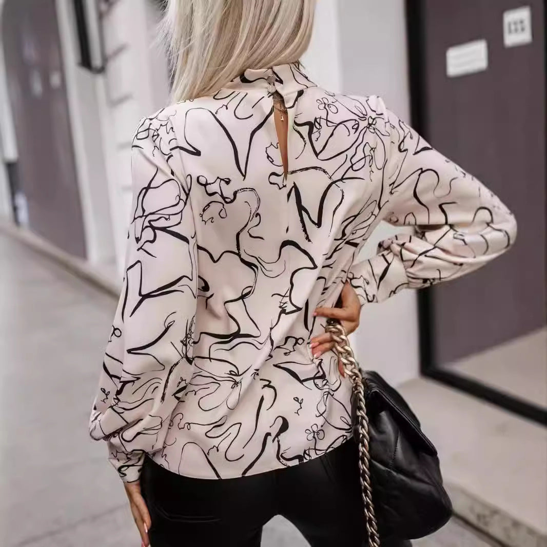 Stand Long Sleeve Shirt Autumn Printed Turtleneck Elegant Long Sleeve Top