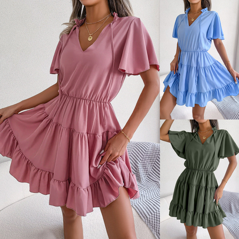 Spring Summer Flounced Ribbon Big Hem A- line Solid Color Dress Women Clothing