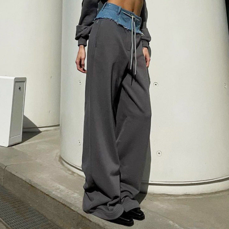 Personalized Street Color Contrast Patchwork Casual Pants Women Autumn Loose Straight Pants