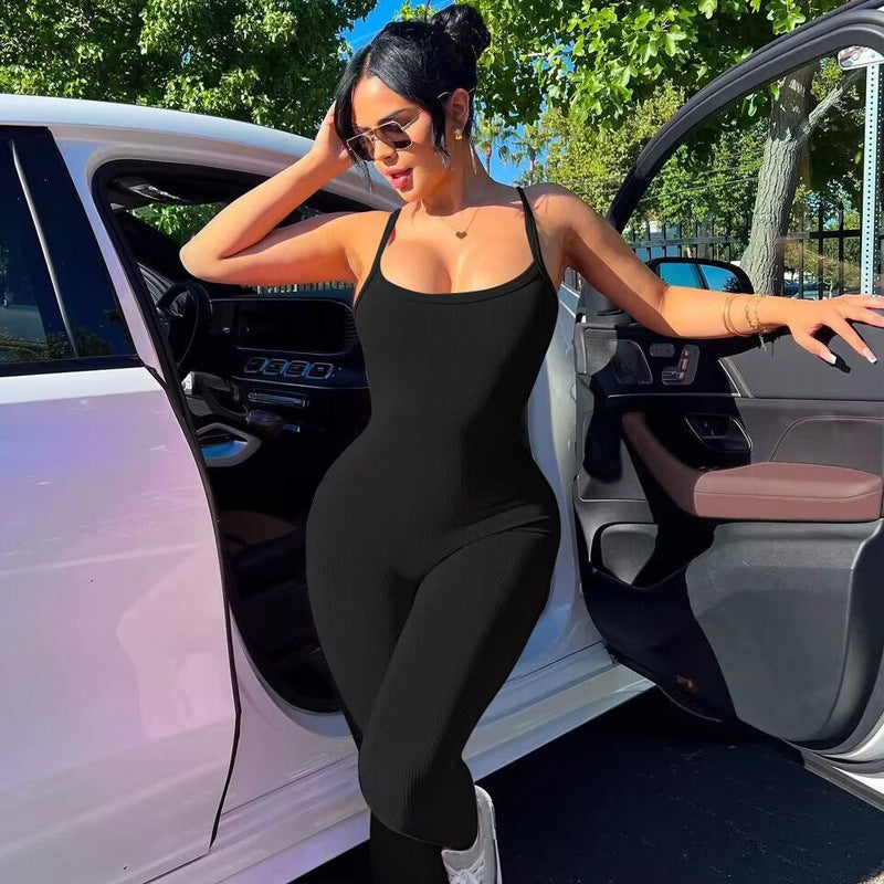 Women Clothing Summer Sexy Backless Slim Fit Solid Color Sling Jumpsuit Black