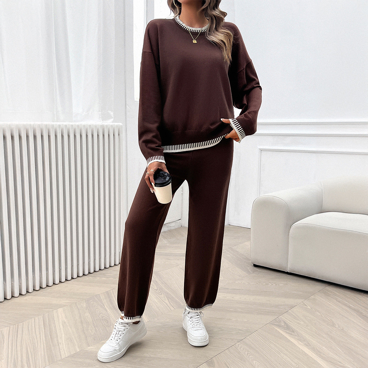 Women Clothing Autumn Winter Casual Contrast Color Knitted Sweater Trousers Suit Brown