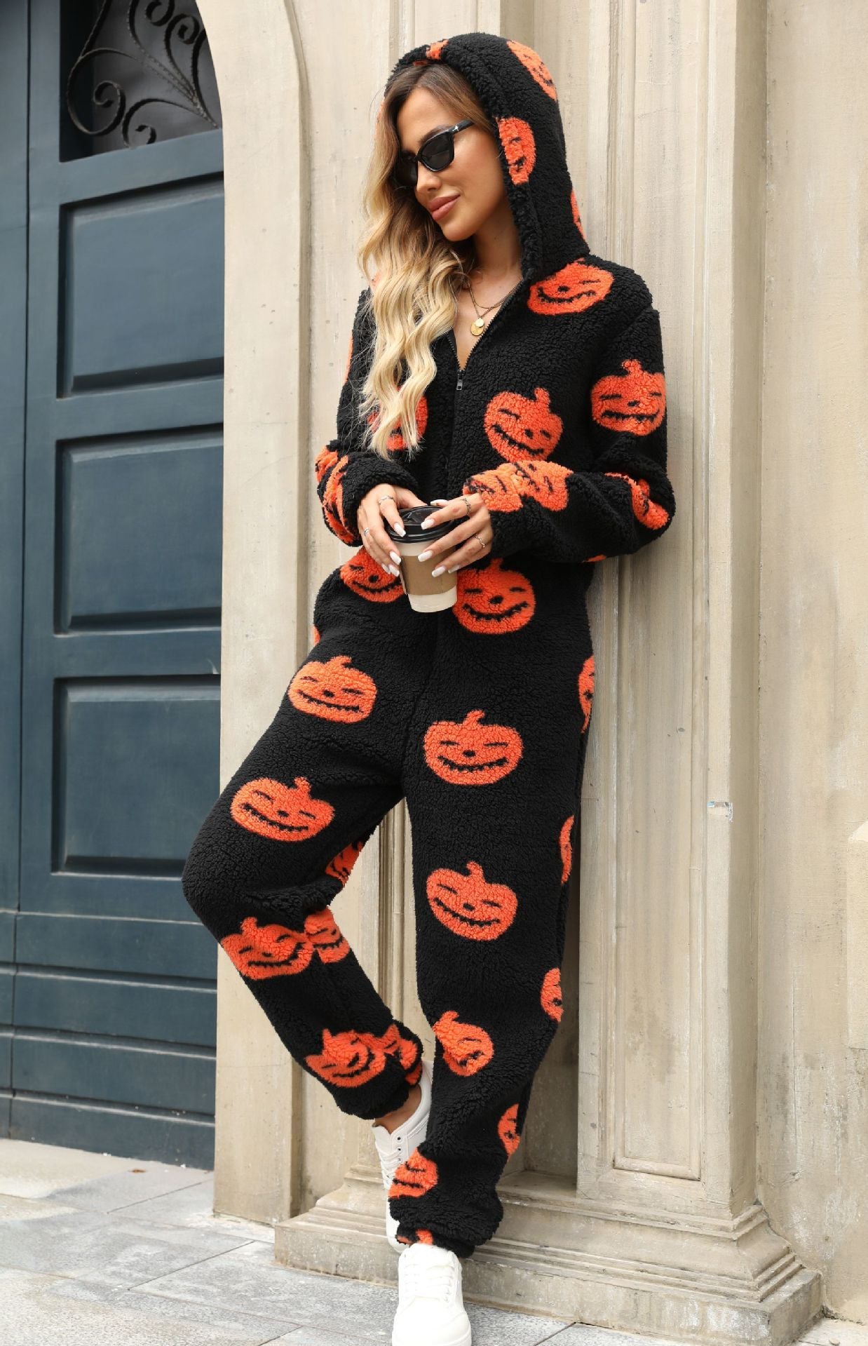 Women Clothing Autumn Winter Halloween Pumpkin Print Loose Zip Plush Jumpsuit Black