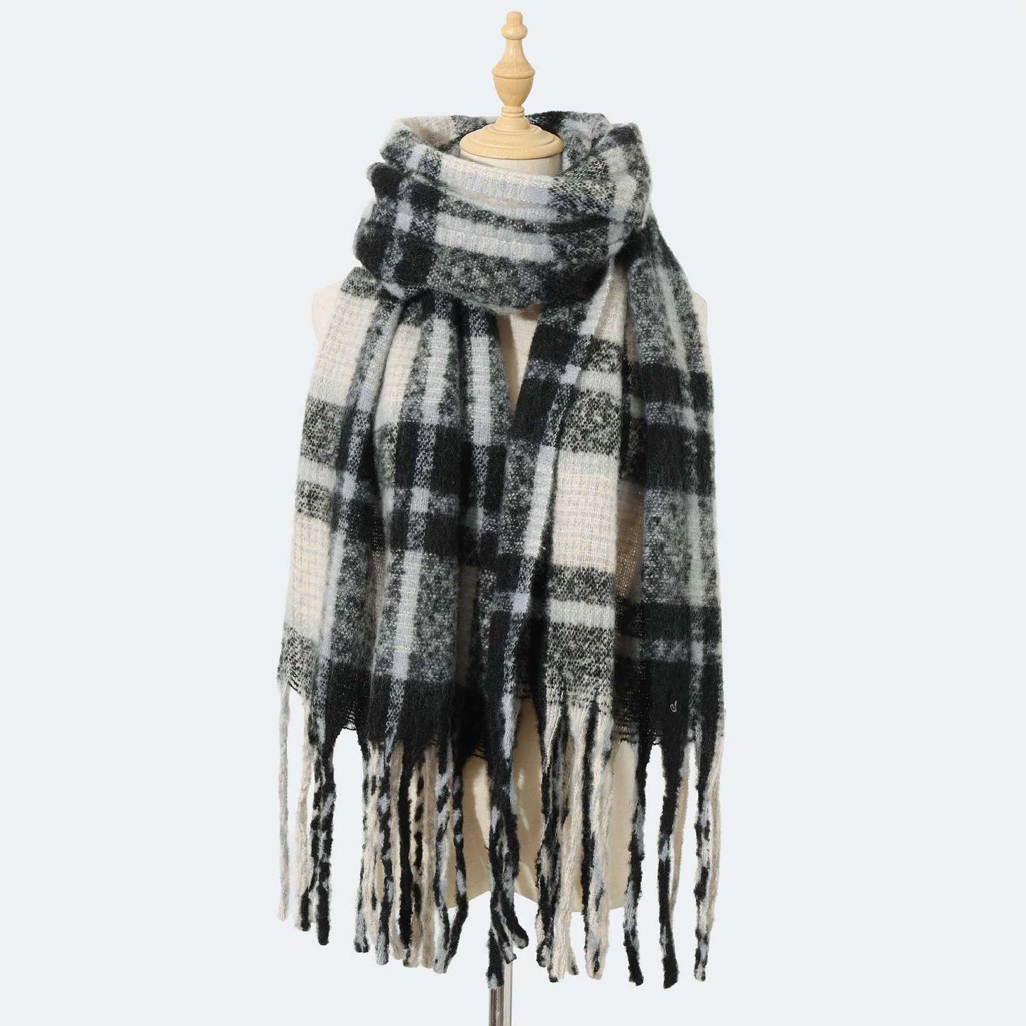 Autumn Winter Mohair Plaid Scarf for Women Thickened High Grade Cashmere like Scarf Warm Scarf One Size Black