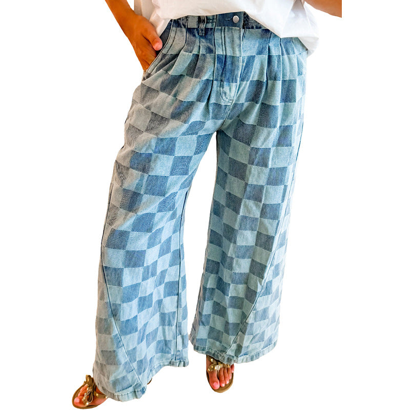 Personalized Trendy Chessboard Plaid Printed Jeans Women Autumn High Waist Loose Wide Leg Pants Women Light Blue