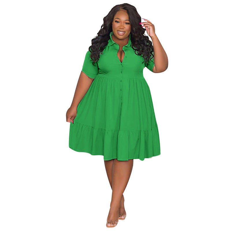 Plus Size Summer Solid Color Polo Collar Single Breasted Women Clothes Casual Short Sleeved Shirt Dress Green