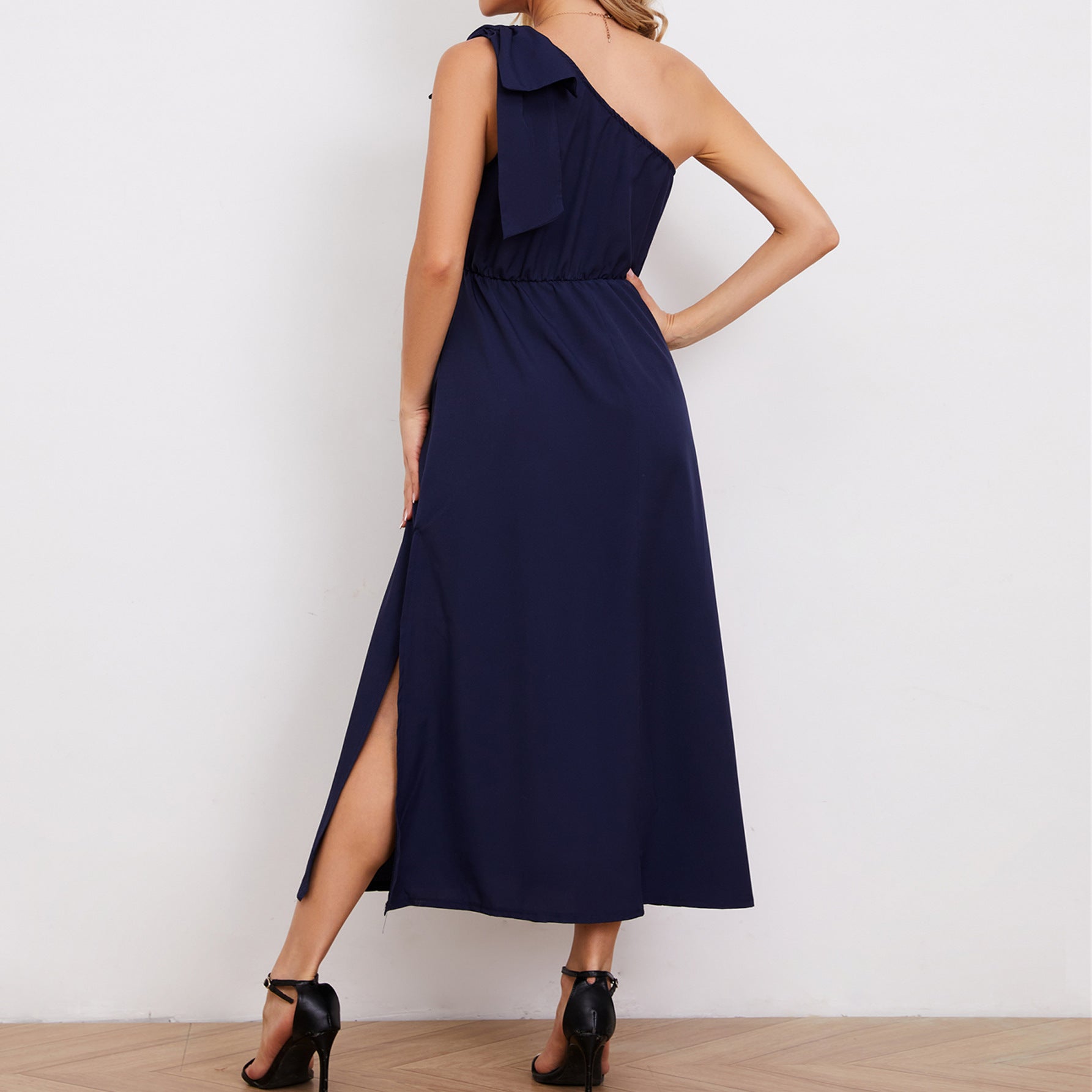 Dress Women Asymmetric Diagonal Collar Backless Bow Decorative Waist Dress