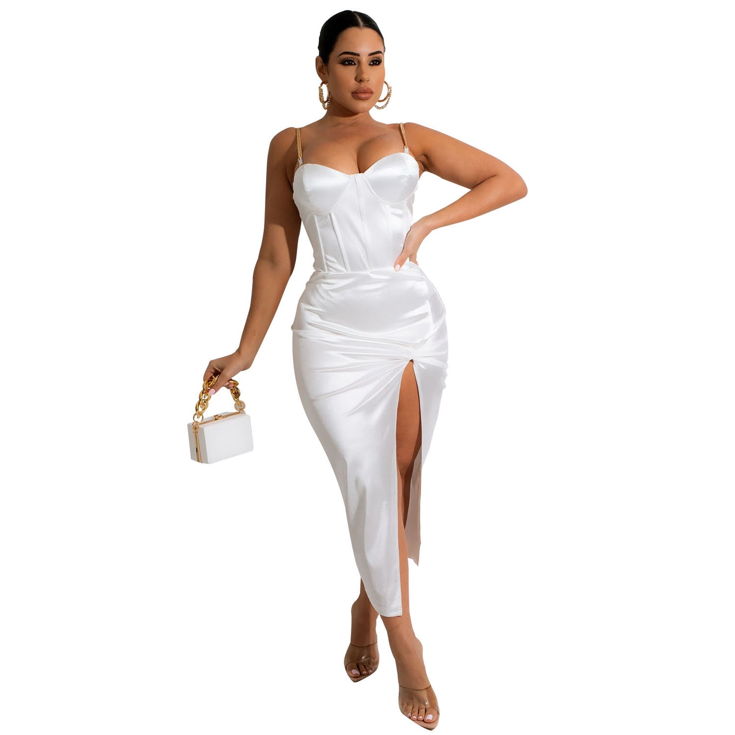 Summer Women Clothing Sexy Irregular Asymmetric Solid Color Mid Length Dress White