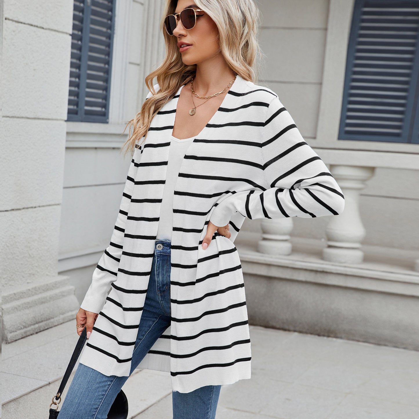 Women Clothing Cardigan Long Knitted Striped Coat Sweater